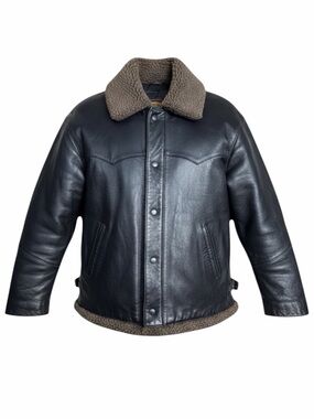 Pioneer Wear Vintage Western Leather Ranch Jacket Sherpa Collar Black L
